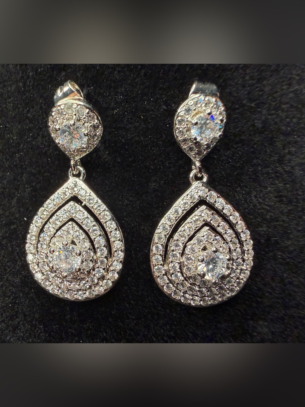 AAA CZ Pavé Teardrop Dangle Drop Earrings Butterfly Back Premium WG Plating